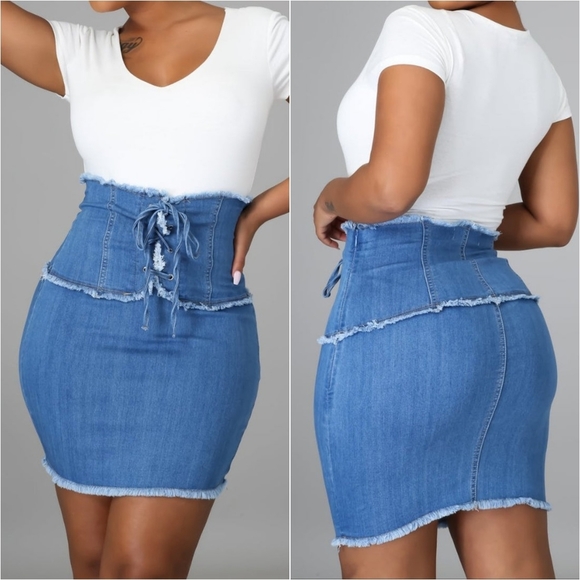 Lace Up Stretch Denim Skirt